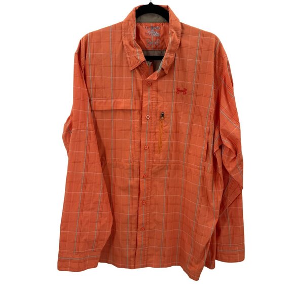 Under Armour Mens 2XL Long Sleeve Orange Plaid HeatGear Loose Fit Shirt - Picture 1 of 8